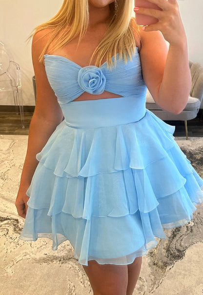 Chic Plus Size A-Line Sweetheart Zip Back Short Blue Ruffle Homecoming Dress