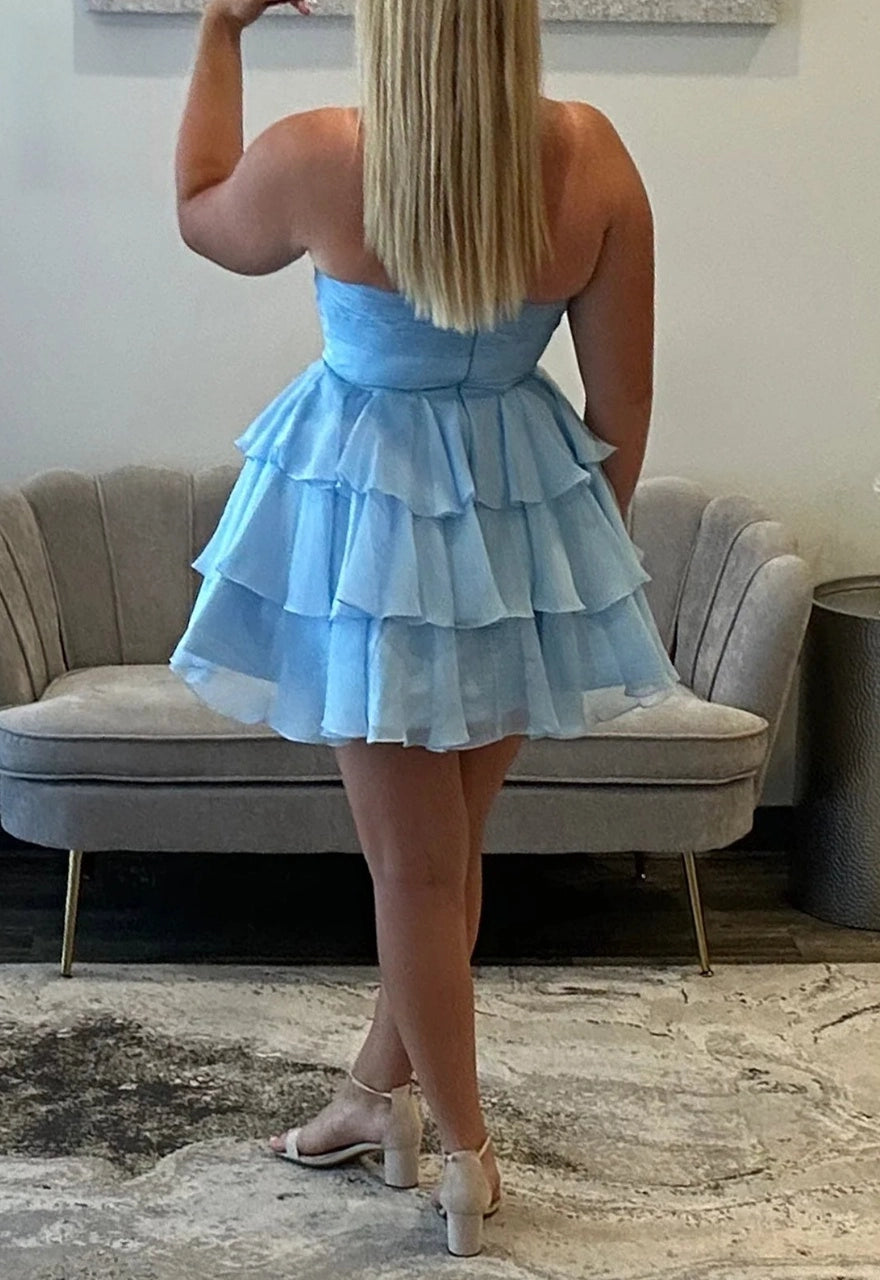 Plus size light blue chiffon homecoming dress with center back zipper and double-tier ruffle skirt
