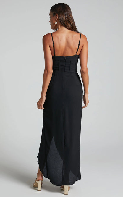 Back view Roselledress black maxi prom dress open adjustable strap corset back plus size evening gown