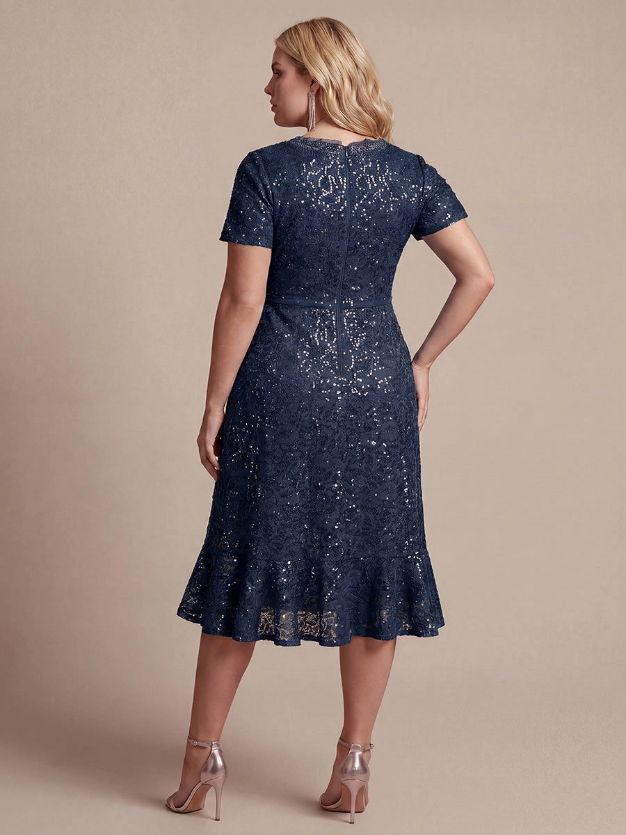 Flattering Wrap V-Neck Short Sleeve Zipper Back Hi-Lo Midi Plus Size Prom Dress 