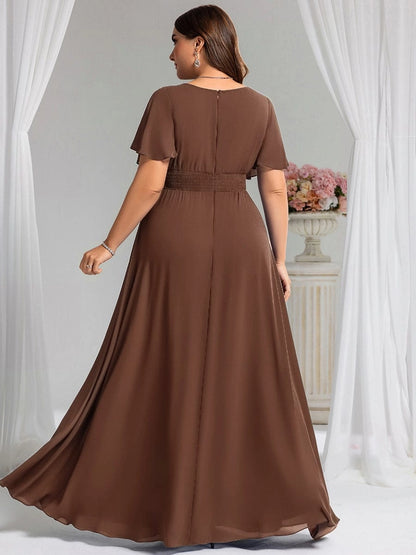 A-Line Round Neck Flutter Sleeve Back Zipper Floor Length Plus Size Floral Chiffon Wedding Guest Dress