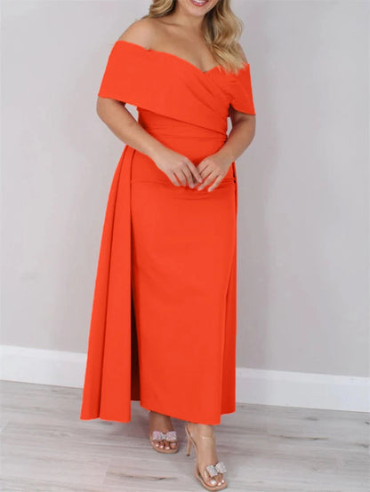 Stunning Sheath Off‑The‑Shoulder Short‑Sleeve Zip‑Back Floor‑Length Formal Plus Size Wedding Guest Dress