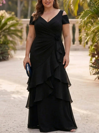 Mermaid Cold Shoulder V Neck Wrap Ruched Back Zipper Tiered Chiffon Maxi Plus Size Wedding Guest Dress