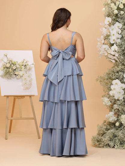 Back view roselledress v‑back bow‑back zip‑back adjustable strap tiered ruffle satin floor‑length plus size bridesmaid gown