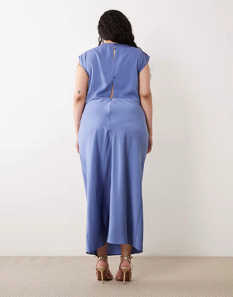 Roselledress plus size blue satin midi dress keyhole button back detail back view