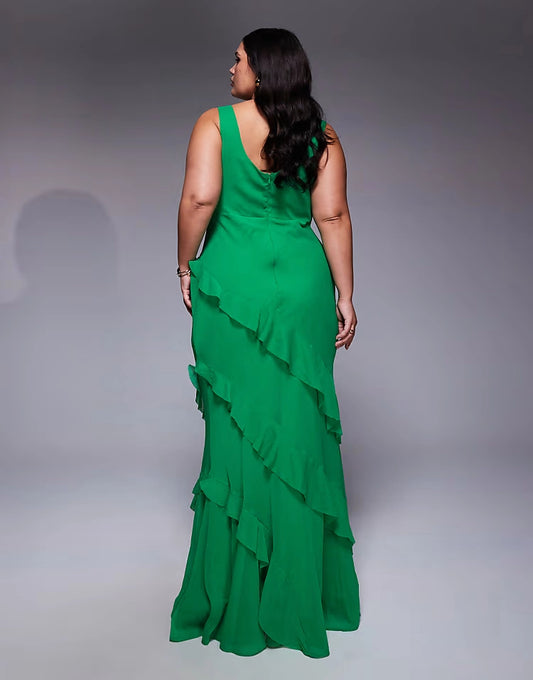 Back view of roselledress vibrant emerald sleeveless ruffled mermaid back‑zip plus size formal evening gown