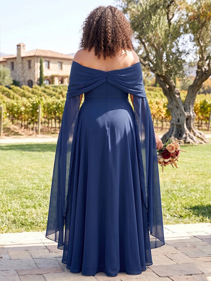 Roselledress back view navy formal evening dress,closed back draped cape sleeve plus size floor‑length chiffon gown