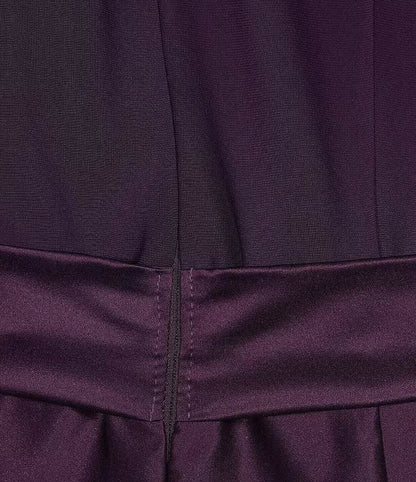 Dark Purple Satin Wrap V‑Neck Elbow Length Sleeve Maxi Plus Size Mother of the Bride Dress