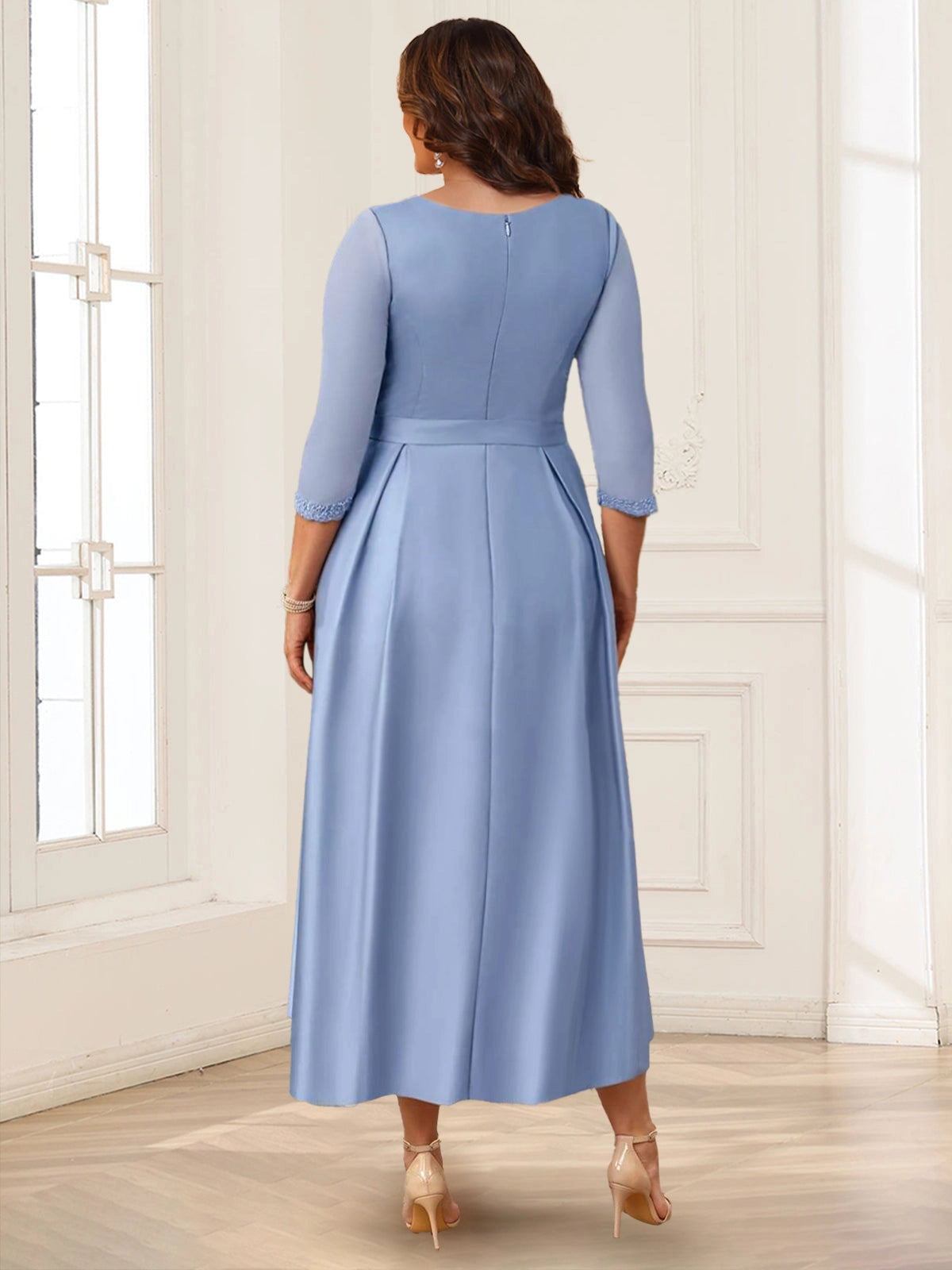 Back view Roselledress dusty blue midi dress round zip‑back plus size formal mother gown with side pockets
