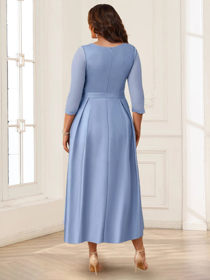 Back view Roselledress dusty blue midi dress round zip‑back plus size formal mother gown with side pockets