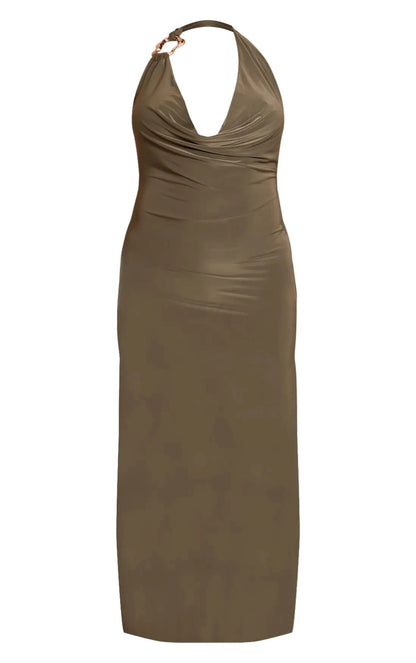 Roselledress Slinky Jersey Halter Cowl‑Neck Chain‑Detail Open‑Back Midi Bodycon Plus Size Wedding Guest Dress