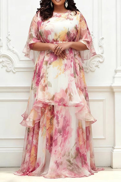 Roselledress Flowy A-Line Round Neck Flutter Sleeve Back Zipper Plus Size Prom Dress
