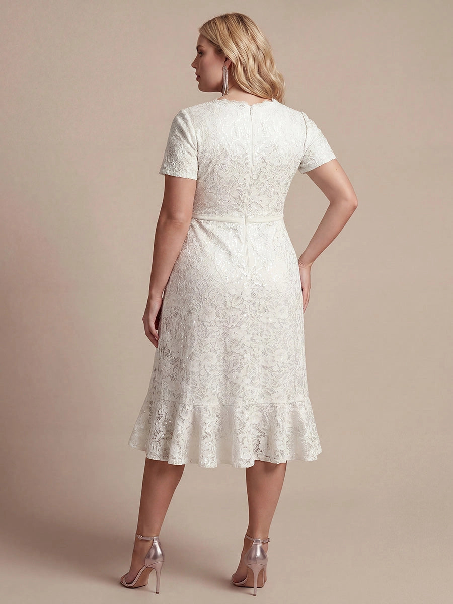 Flattering Wrap V-Neck Short Sleeve Zipper Back Hi-Lo Midi Plus Size Prom Dress 