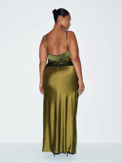 Roselle Dress plus size olive halter wedding guest gown, open back thin adjustable spaghetti straps, satin mermaid long dress back view
