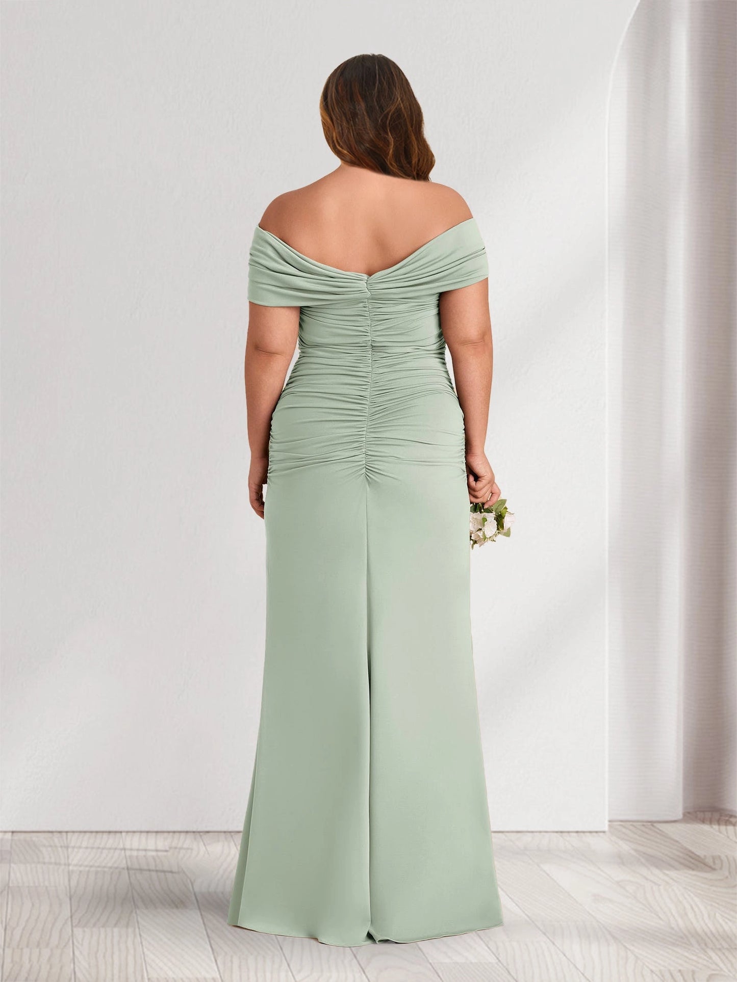 Back view Roselledress sage green mermaid maxi dress ruched off‑shoulder back plus size evening mother gown