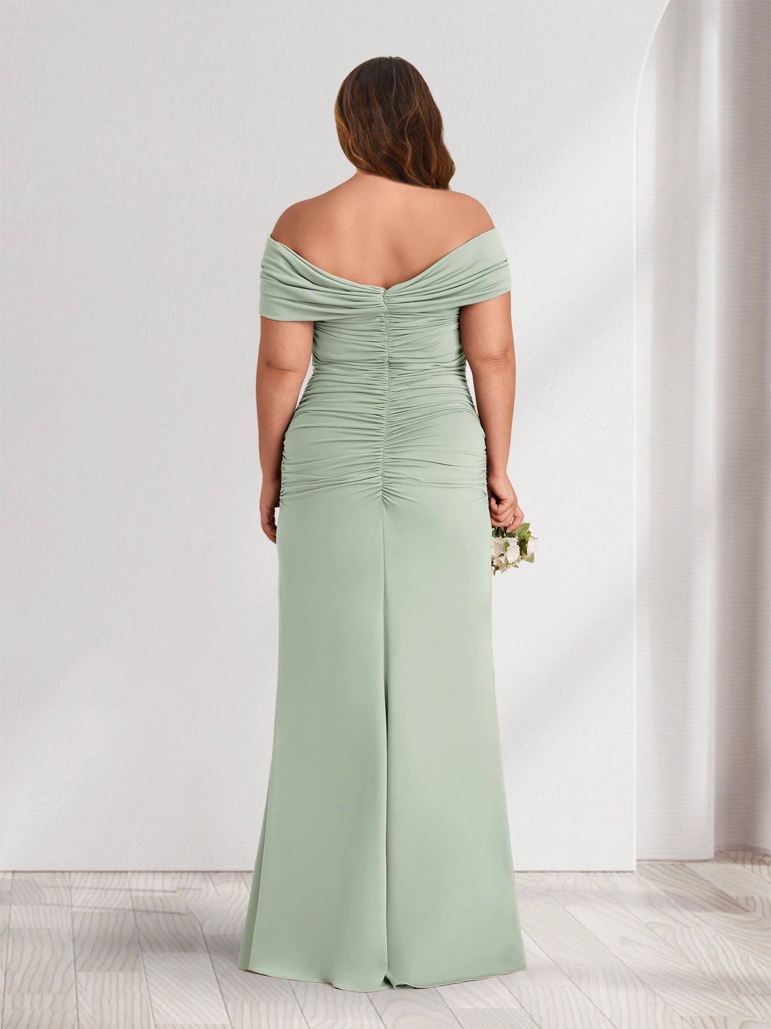 Back view Roselledress sage green mermaid maxi dress ruched off‑shoulder back plus size evening mother gown