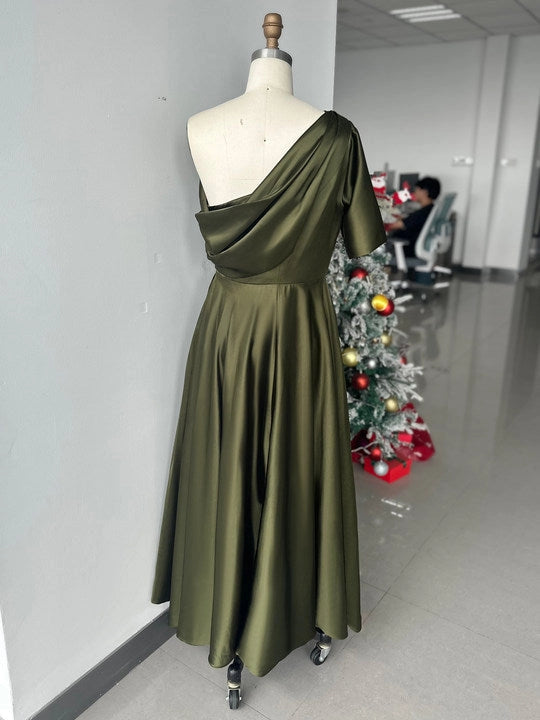 Back view Roselledress olive green plus size satin bridesmaid dress draped one shoulder open back flowy midi formal event gown