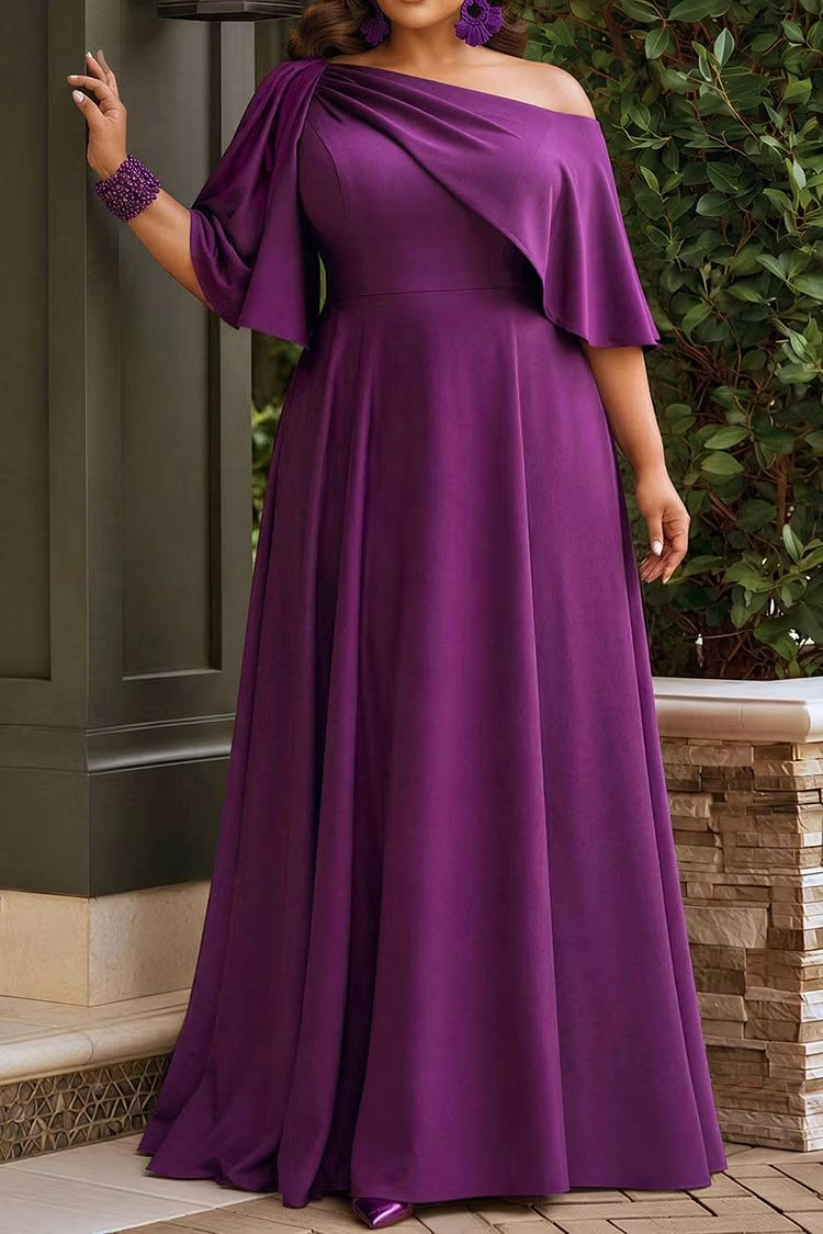 RoselleDress Purple A-Line One Shoulder Flutter Sleeve Zip Back Maxi Stretch Plus Size Prom Dress