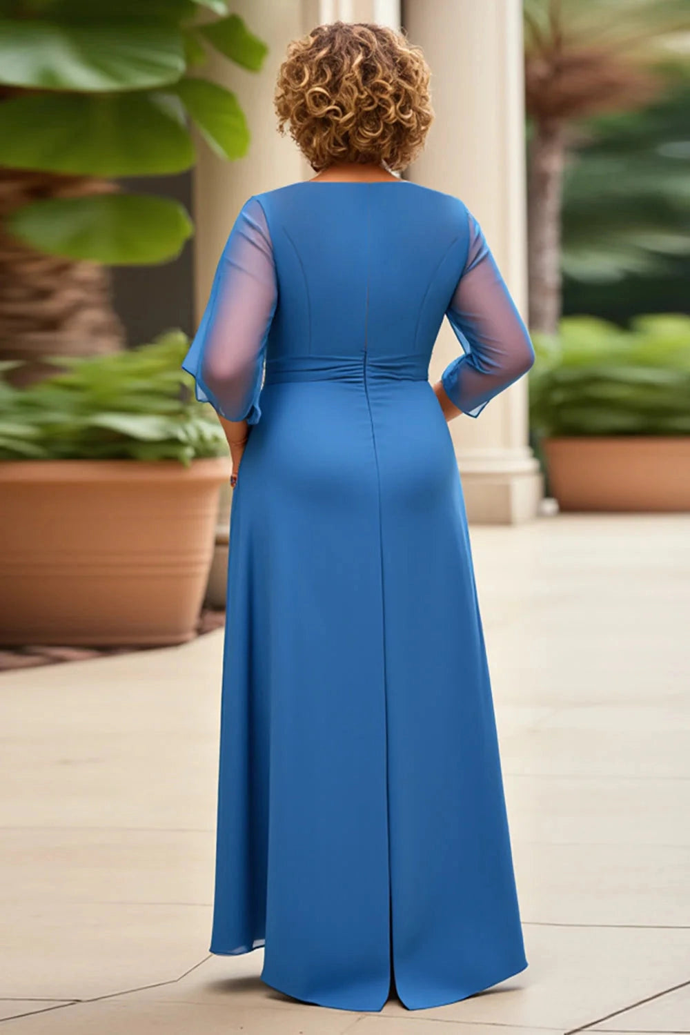 Roselledress blue plus size gown back view,zip‑back chiffon floor‑length mother of bride dress with sheer flared sleeves