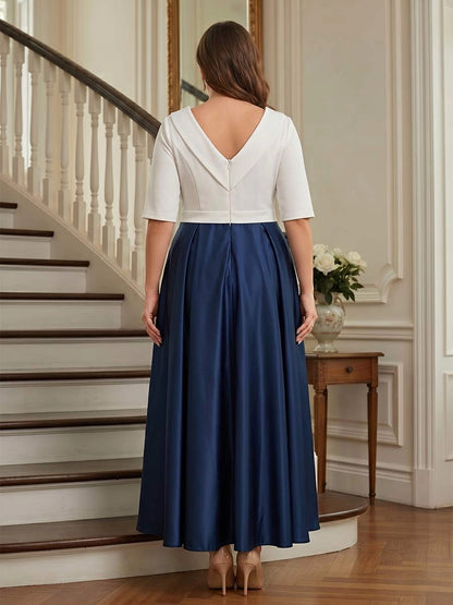 Roselledress back view navy ivory formal satin dress,v‑back 3/4 sleeve plus size tea‑length evening gown