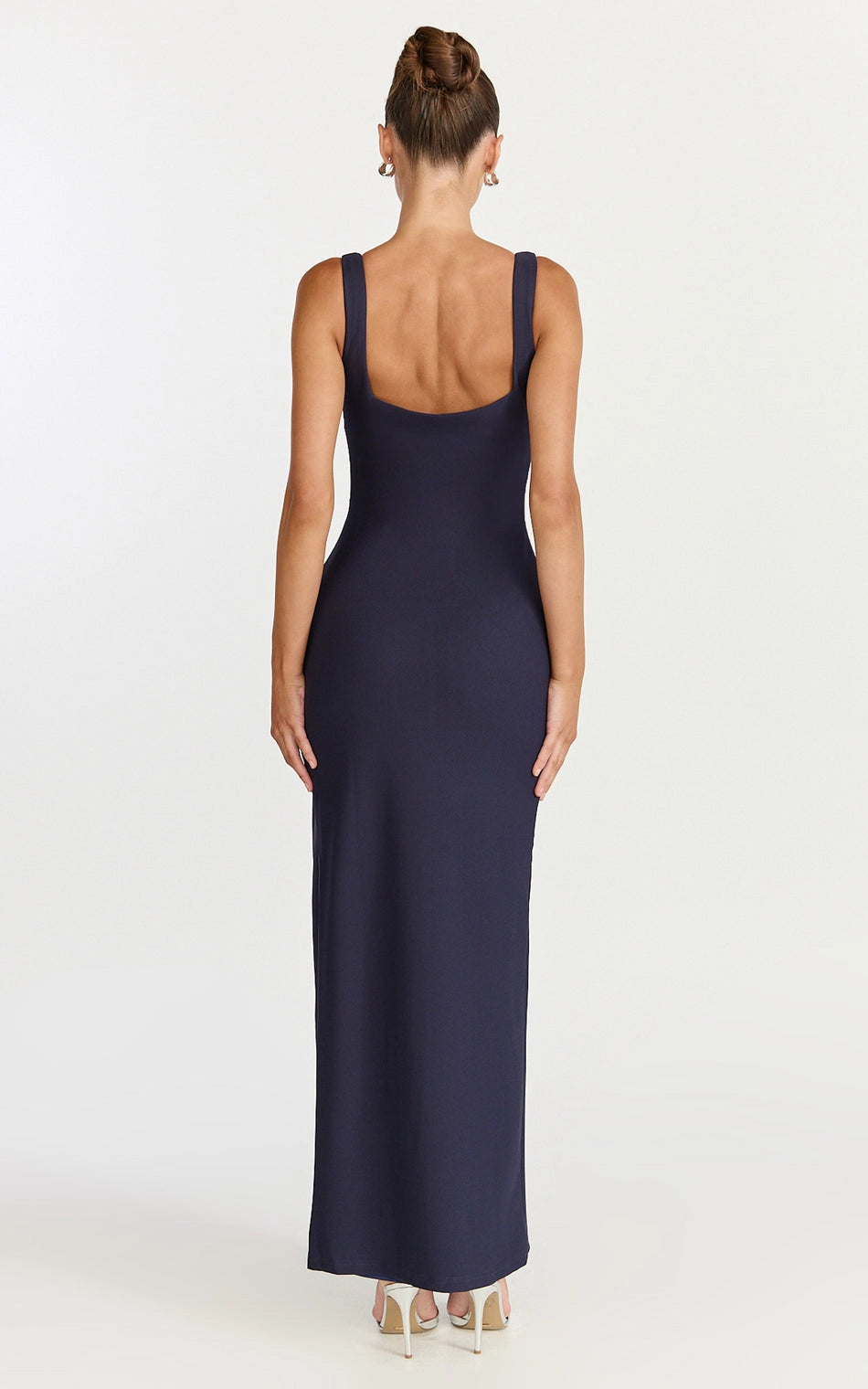 Roselledress square low back maxi plus size dress back view, thick strap formal cocktail dress navy blue