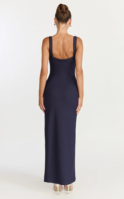 Roselledress square low back maxi plus size dress back view, thick strap formal cocktail dress navy blue