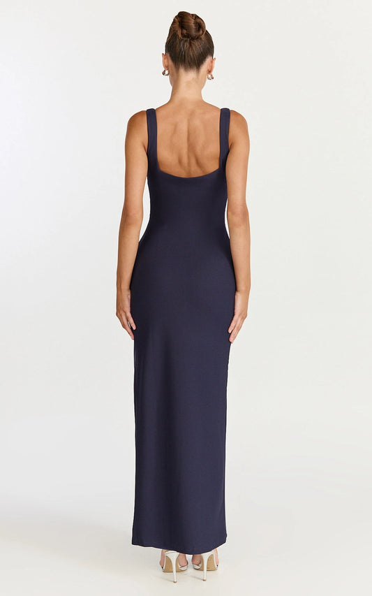 Roselledress square low back maxi plus size dress back view, thick strap formal cocktail dress navy blue