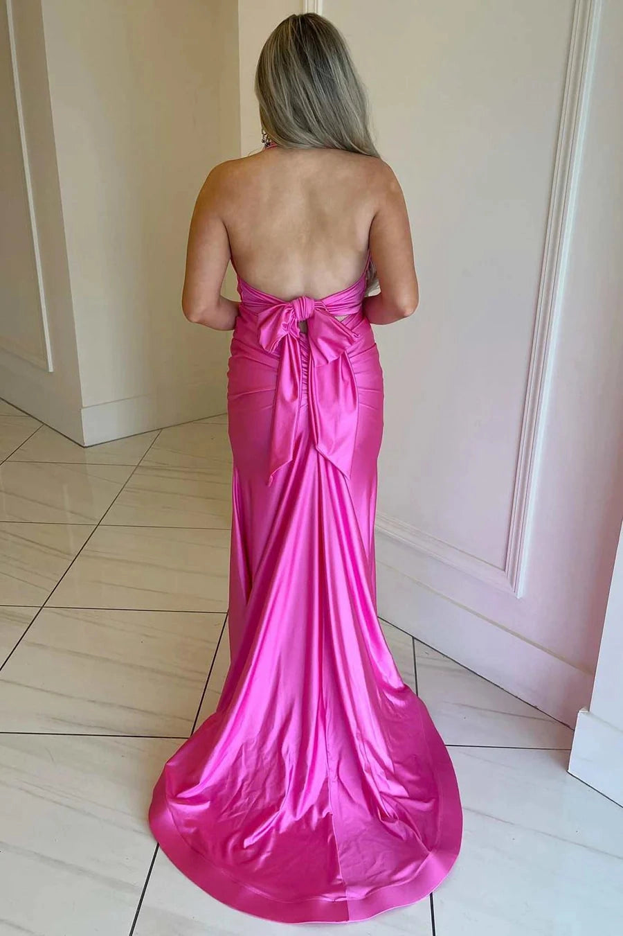 Roselledress hot pink satin prom dress back view,tie bow open back mermaid long gown for prom party