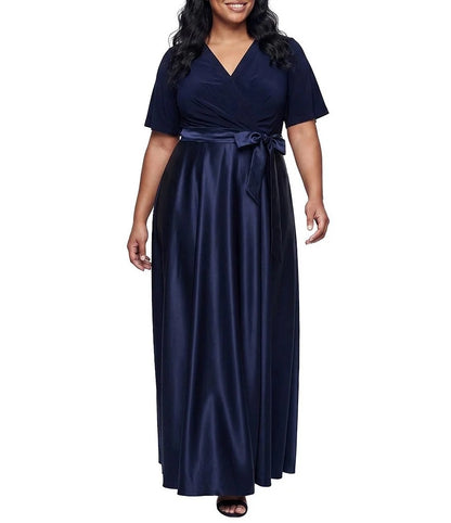 Dark Purple Satin Wrap V‑Neck Elbow Length Sleeve Maxi Plus Size Mother of the Bride Dress