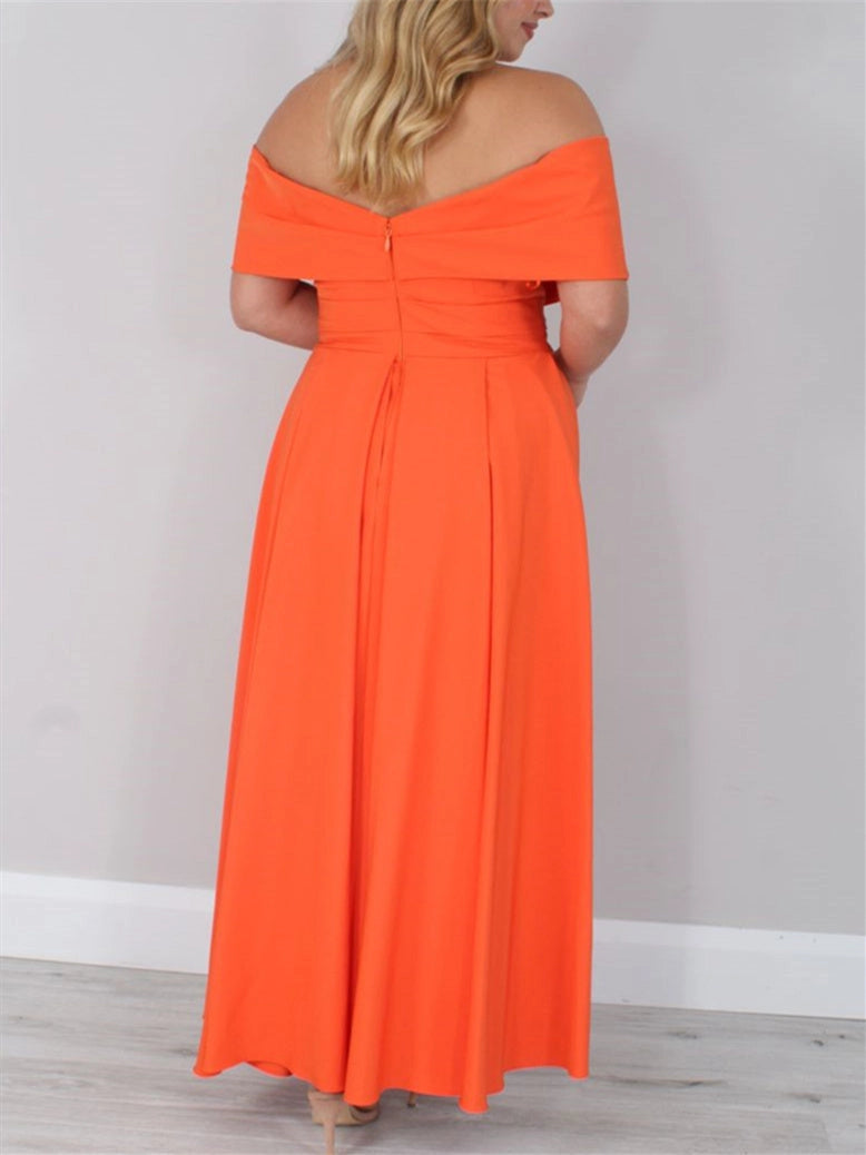 Back view Roselledress orange formal long gown, plus size wedding guest dress with off‑shoulder design and center back invisible zipper