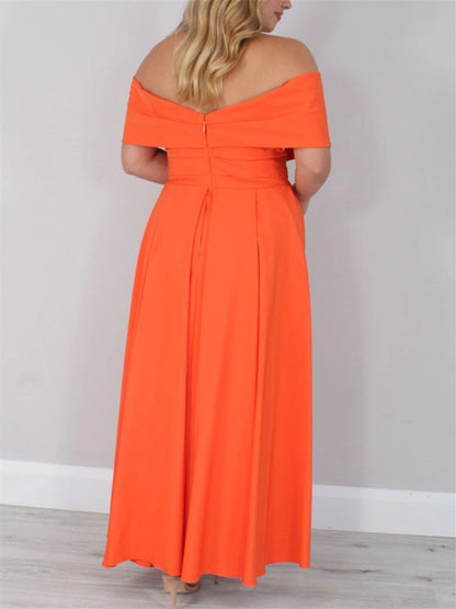 Back view Roselledress orange formal long gown, plus size wedding guest dress with off‑shoulder design and center back invisible zipper