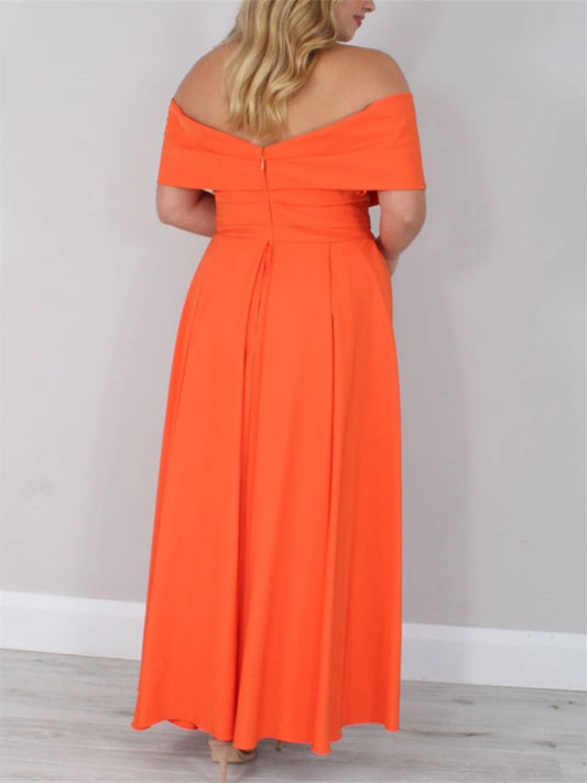 Back view Roselledress orange formal long gown, plus size wedding guest dress with off‑shoulder design and center back invisible zipper