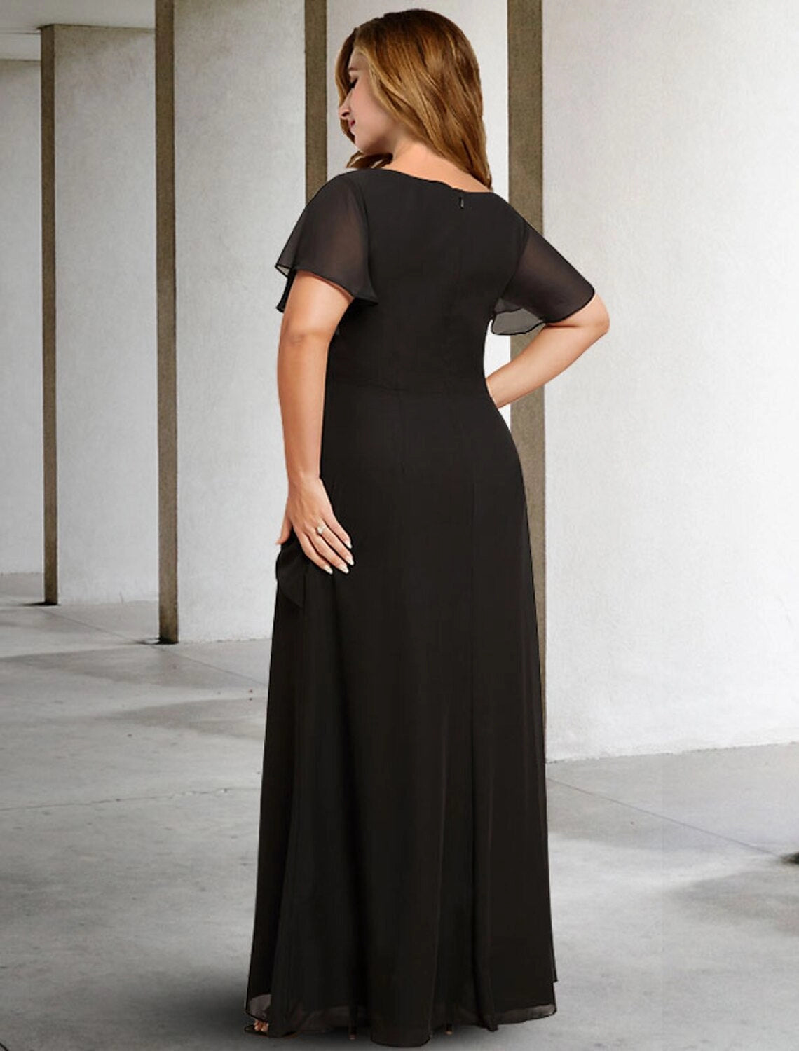 Roselledress black chiffon formal dress closed back flutter sleeve plus size floor length evening gown back view