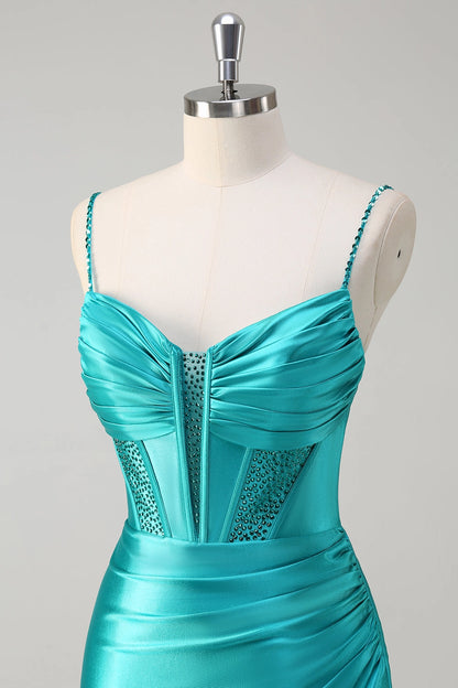 Turquoise Mermaid Sweetheart Spaghetti Lace Up Back Maxi Prom Dress