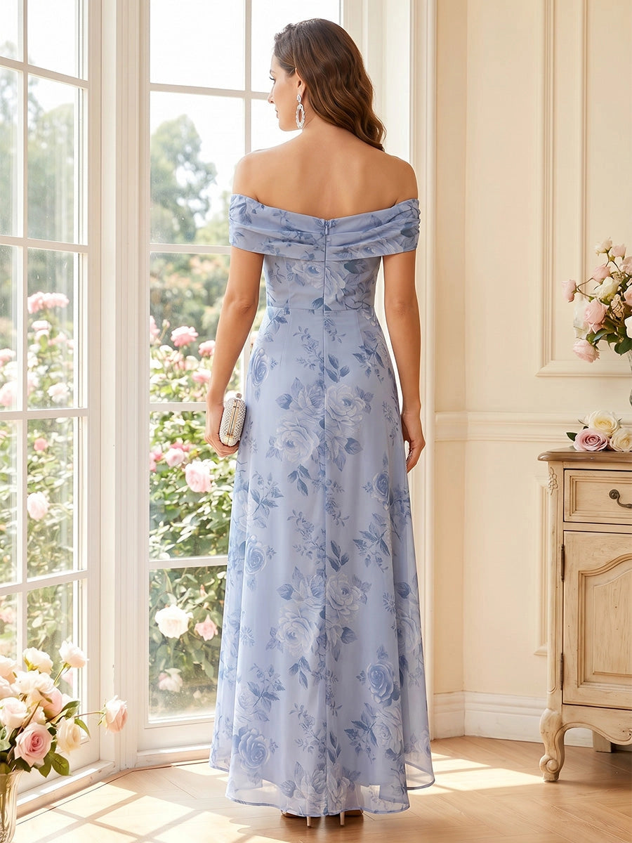 back view Roselledress curvy blue rose print chiffon high low dress zip back formal guest long gown
