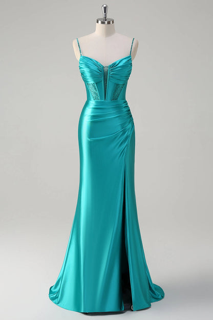 Turquoise Mermaid Sweetheart Spaghetti Lace Up Back Maxi Prom Dress