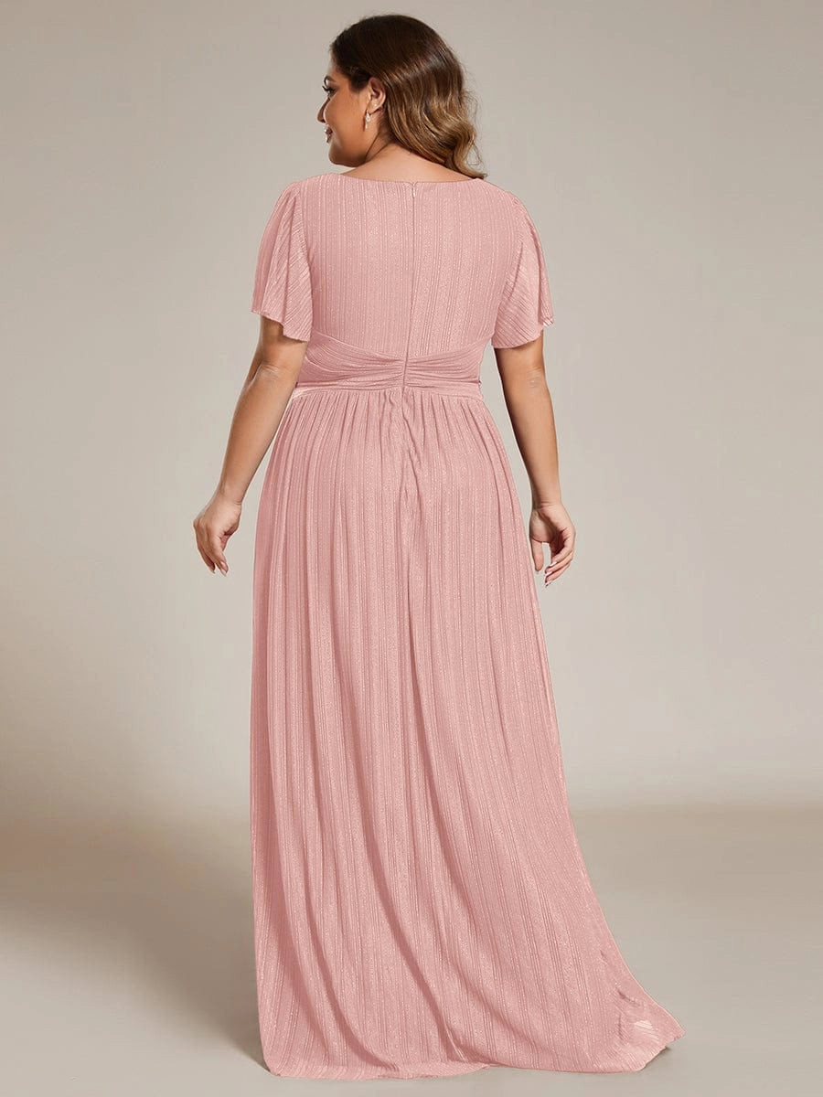 Roselledress Emerald Green Shimmer Pleated V-Neck Flutter Sleeve Zip Back Maxi Plus Size Weeding Guest Dress