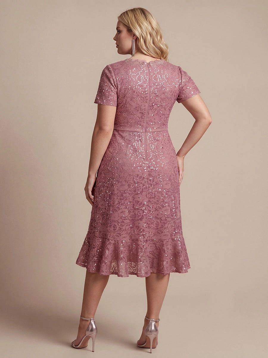 Flattering Wrap V-Neck Short Sleeve Zipper Back Hi-Lo Midi Plus Size Prom Dress 