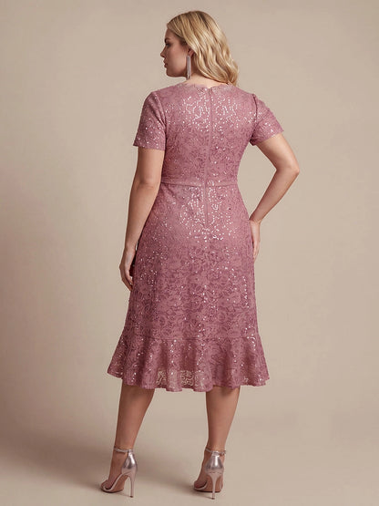 Flattering Wrap V-Neck Short Sleeve Zipper Back Hi-Lo Midi Plus Size Prom Dress 