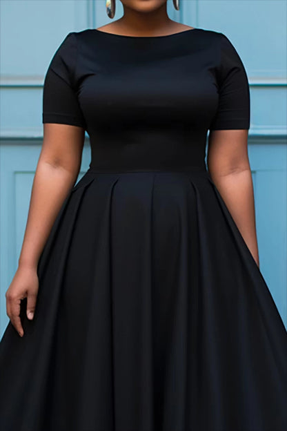 Roselledress Black A-Line Boat Neck Short Sleeve Solid Back Midi Plus Size Prom Dress