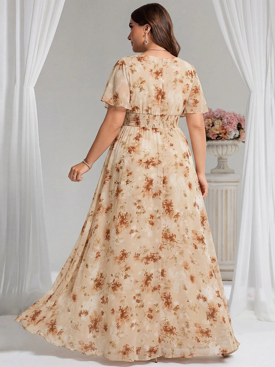 Roselledress printed chiffon formal dress solid back vertical zipper floor length back view