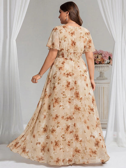 Roselledress printed chiffon formal dress solid back vertical zipper floor length back view