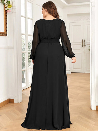 Roselledress Flowy A-Line Scoop-Neck Lantern-Sleeve V-Zip-Back Maxi Plus Size Weeding Guest Dress