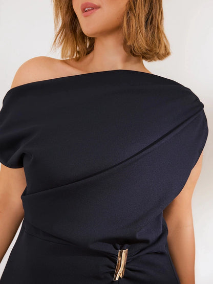 Elegant A-Line One-Shoulder Draped Closed Back Midi Plus Size Wedding Guest Dress