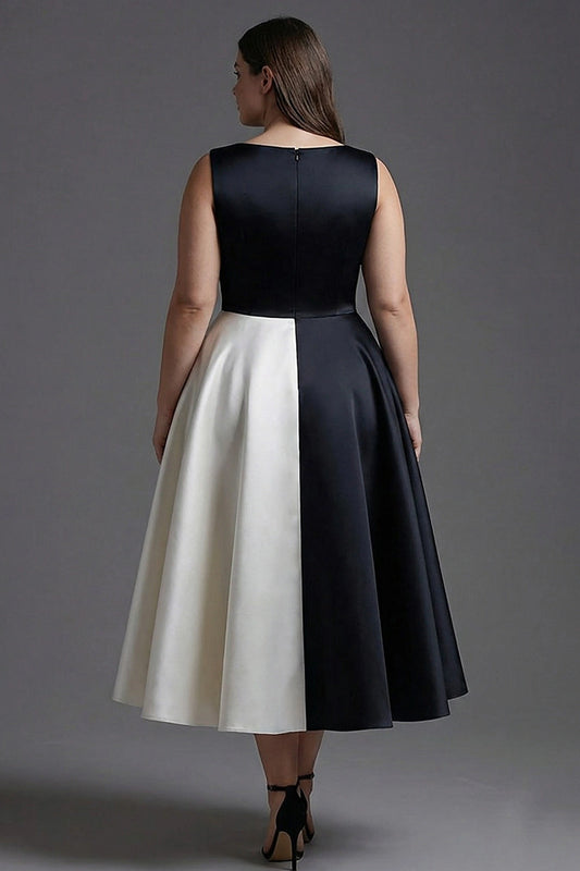 roselledress plus size color‑block evening dress sleeveless closed back satin midi formal prom gown