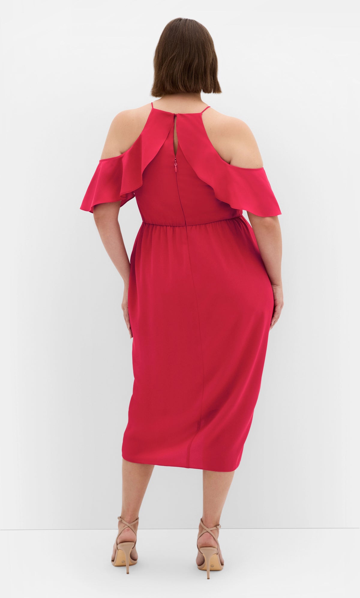 Roselle Dress plus size red formal midi dress, keyhole back zipper closure cold‑shoulder gown back view
