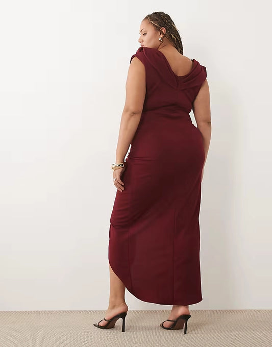 Back view of roselledress wine red cowl‑back draped plus size high‑slit formal wedding guest gown