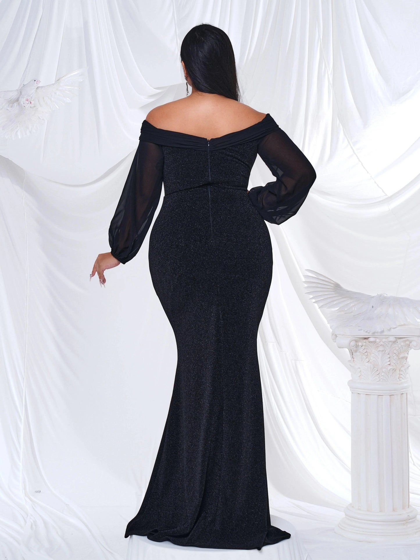 Roselledress black glitter plus size formal dress closed back off‑shoulder mermaid evening gown back view