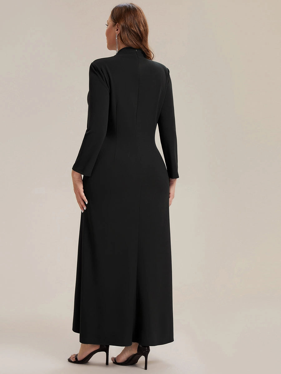 roselledress plus size black sheath maxi dress long sleeve solid stretch fabric vertical zip back formal evening gown back view