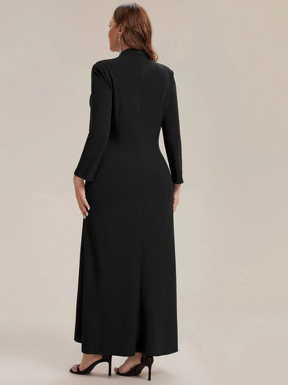 roselledress plus size black sheath maxi dress long sleeve solid stretch fabric vertical zip back formal evening gown back view